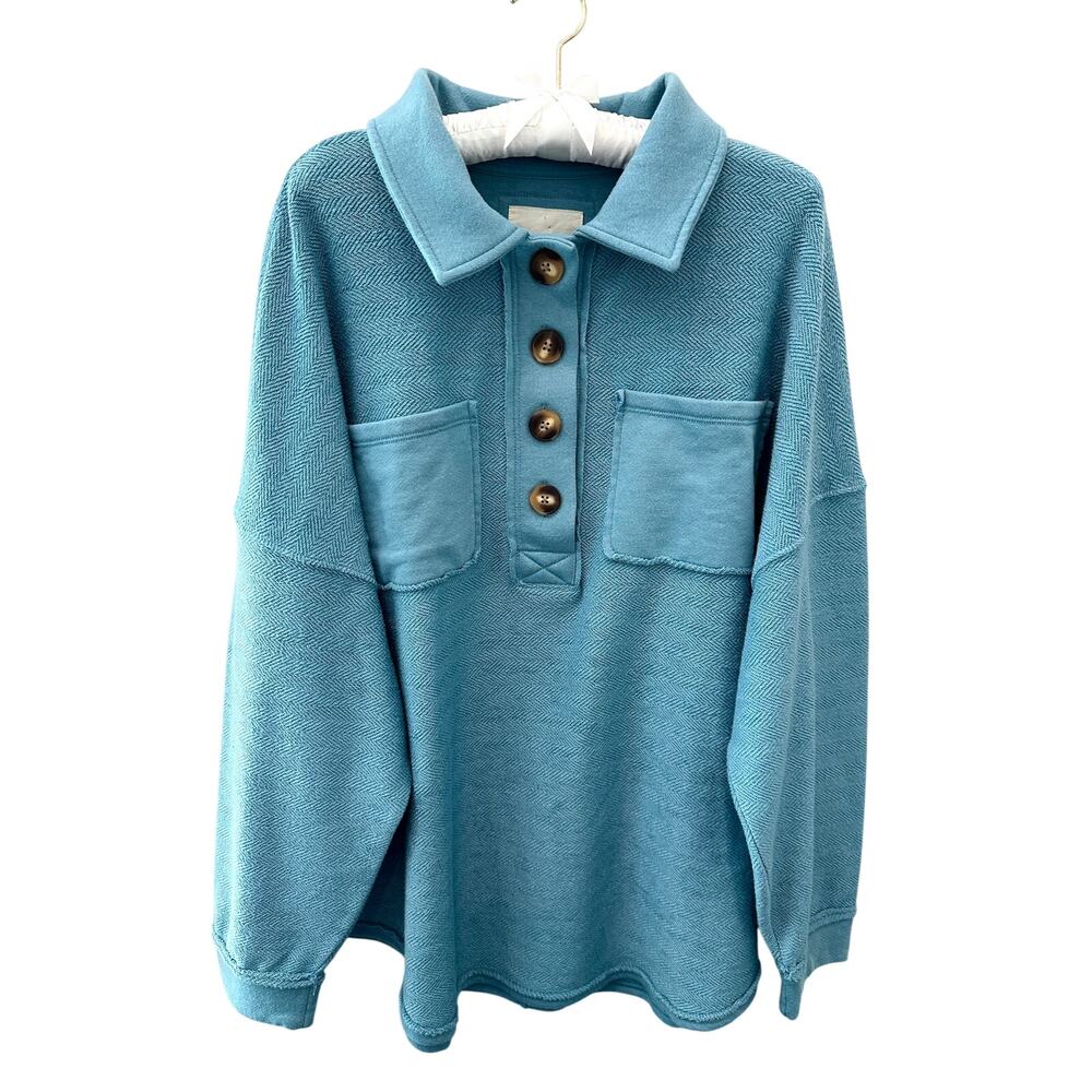 AMERICAN EAGLE Blue Oversized Collared Henley Sweatshirt Shacket Shirt Medium